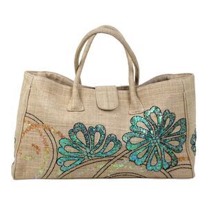 DV COLLECTION NATURAL CANVAS EMBROIDERY SEQUINS SATCHEL TOTE HANDBAG PURSE HOBO